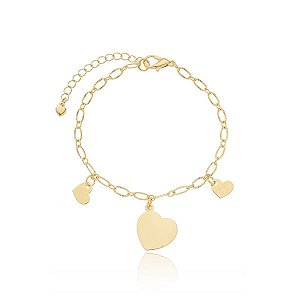 Pulseira Elo Oval Pingentes Corações Lisos Folheado a Ouro 18K