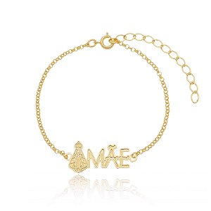 Pulseira Elo Português Nossa Senhora Aparecida Mãe Placa Folheado a Ouro 18K