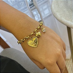 Pulseira Elo Portugues Pingente Corações Div Folheado a Ouro 18K