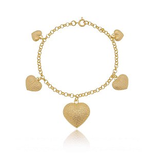 Pulseira Elo Português Pingentes Corações Granitados Folheado a Ouro 18K