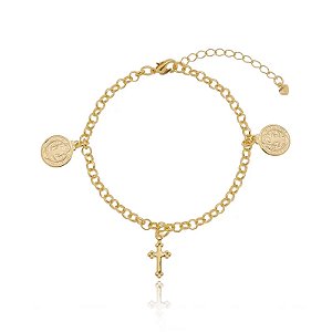 Pulseira Elo Português Pingentes São Bento E Cruz Folheado a Ouro 18K