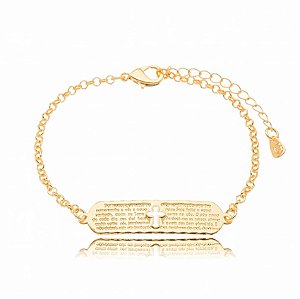 Pulseira Elo Português Placa Retangular Cruz Folheado a Ouro 18K