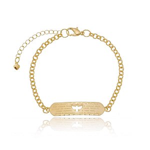 Pulseira Elo Português Placa Retangular Espírito Santo Folheado a Ouro 18K