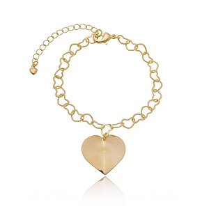 Pulseira Elos Coração Pingente Coração Chapa Abaulada Folheado a Ouro 18K