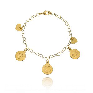 Pulseira Elos Corações Pingentes Medalhas Folheado a Ouro 18K