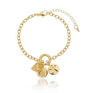 Pulseira Elos Ovais Pingentes Moedas Nossa Senhora Aparecida Cruz E Coração Folheado a Ouro 18K