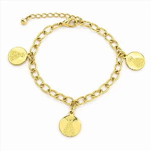 Pulseira Elos Pingentes Medalha Nossa Senhora Aparecida Folheado a Ouro 18K