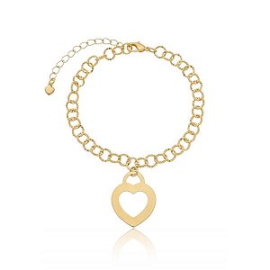 Pulseira Elos Redondos Trabalhados Pingente Coração Cadeado Folheado a Ouro 18K