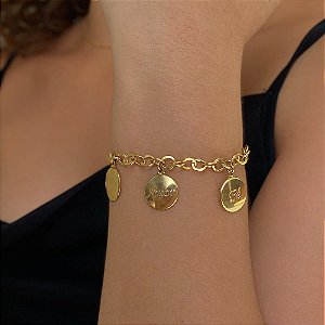 Pulseira Moedas Fé Amor Familia Folheado a Ouro 18K