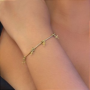 Pulseira Palitinho Grande E Cruz Folheado a Ouro 18K