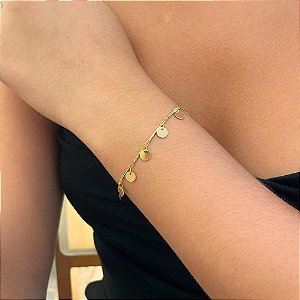 Pulseira Palitinhos Granitados Pingentes Moedas Folheado a Ouro 18K
