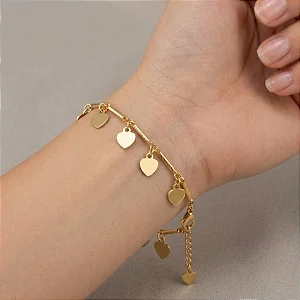 Pulseira Palitinhos Pingente Coração Placa Folheado a Ouro 18K