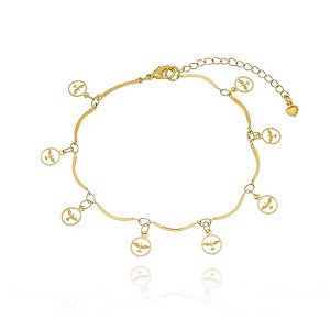 Pulseira Palitinhos Pingentes Redondo Es Folheado a Ouro 18K