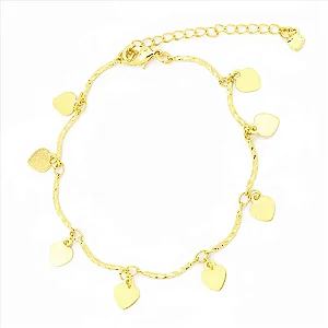 Pulseira Palitinhos Torcidos Pingentes Coração Placa Folheado a Ouro 18K