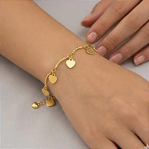 Pulseira Palitinhos Torcidos Pingentes Coração Placa Folheado a Ouro 18K