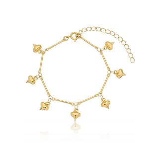 Pulseira Palito Pingente Corações Folheado a Ouro 18K