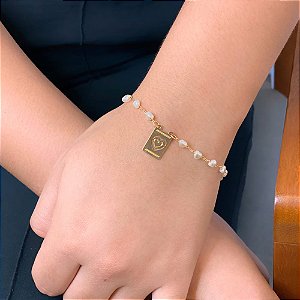 Pulseira Pérolas Coração Pingente Quadrada Coração Vazado Folheado a Ouro 18K