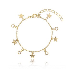 Pulseira Pingentes Estrelas E Ponto De Luz Folheado a Ouro 18K