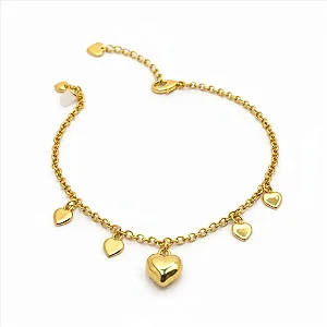 Pulseira Pingentes Corações Folheado a Ouro 18K