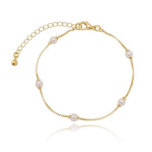 Pulseira Veneziano 5 Pérolas 6Mm Folheado a Ouro 18K
