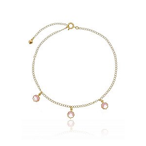 Tornozeleira 3 Pingentes Florzinha Zircônia Rosa Folheado a Ouro 18K