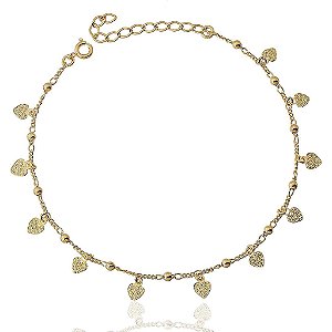 Tornozeleira Bolinhas E Corações Granitados Pendurados Folheado a Ouro 18K