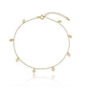 Tornozeleira Cartier Pingentes Corações Chapa Folheado a Ouro 18K