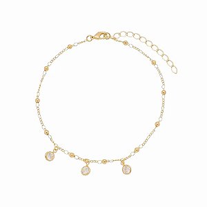 Tornozeleira Corrente 3X1 Bolinhas E Pingentes Ponto De Luz Folheado a Ouro 18K