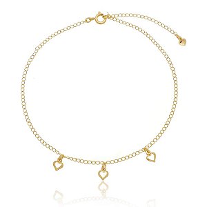 Tornozeleira Correntinha 3 Corações Vazados Folheado a Ouro 18K