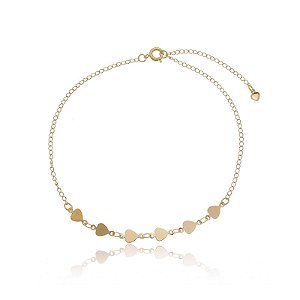 Tornozeleira Correntinha 6 Corações Lisos Laterais Folheado a Ouro 18K