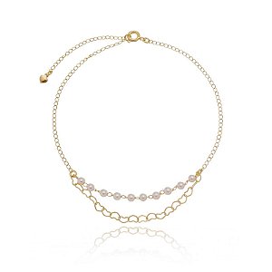 Tornozeleira Correntinha Elo Pérolas E Coração Folheado a Ouro 18K