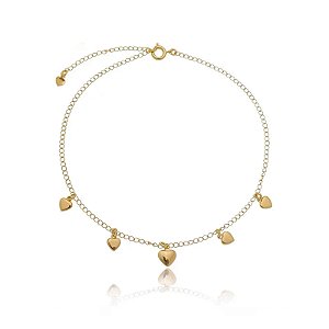 Tornozeleira Correntinha Pingentes Coração Liso Folheado a Ouro 18K