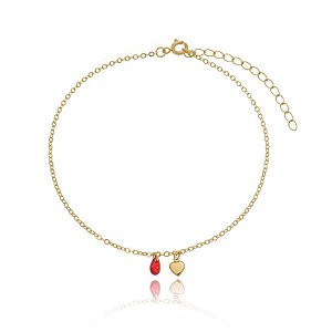 Tornozeleira Pingente Coração E Gota Vermelh Folheado a Ouro 18K