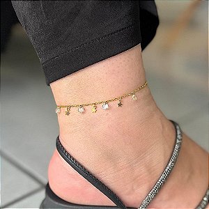 Tornozeleira Pingentes Cristal Candy E Estrelas Folheado a Ouro 18K