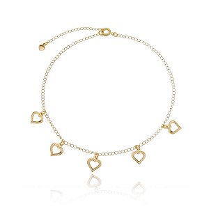 Tornozeleira Pingentes Corações Vazado Folheado a Ouro 18K