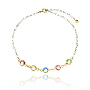 Tornozeleira Tiffany 5 Zircônias Coloridas Folheado a Ouro 18K