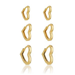 Trio De Argolas Coração Liso Folheado a Ouro 18K
