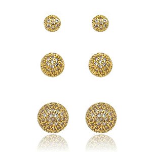 Trio De Bolas Cravejados Folheado a Ouro 18K