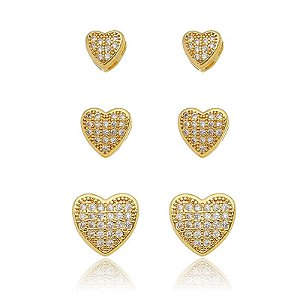 Trio De Brincos De Coração Cravejado Grandes Folheado a Ouro 18K