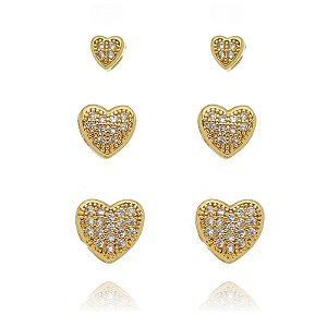 Trio De Brincos De Coração Cravejado Pequenos Folheado a Ouro 18K