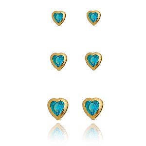 Trio Coração Azul Borda Folheado a Ouro 18K