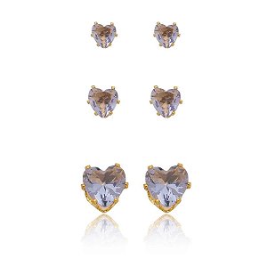 Trio Coração Zircônia Lilás Folheado a Ouro 18K
