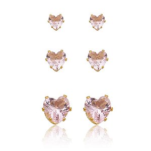 Trio Coração Zircônia Rosa Folheado a Ouro 18K