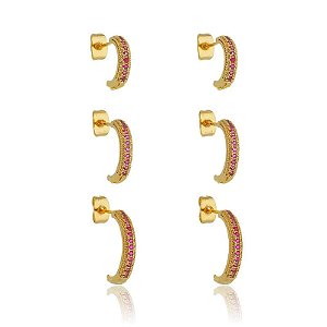 Trio De Argolas Abertas Cravejados Zircônia Rosa Folheado a Ouro 18K