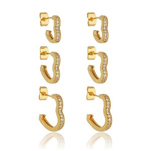 Trio De Argolas Coração Abertas Cravejados Cristal Folheado a Ouro 18K