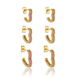 Trio De Argolas Coração Abertas Cravejados Zircônia Rosa Folheado a Ouro 18K