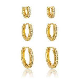 Trio De Argolas Cravejados Cristal Folheado a Ouro 18K