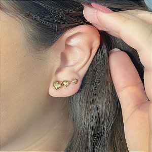 Trio De Coração Abaulado Desenhado Folheado a Ouro 18K