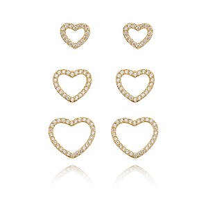 Trio De Coração Vazado Cravejado Folheado a Ouro 18K