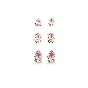 Trio Gota Zirconia Rosa Folheado a Ouro 18K